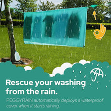 Load image into Gallery viewer, Peggy Rain is a self-starting clothesline, with innovative technology that automatically releases an integral protective layer on a rainy day. A biodegradable cotton sensor releases a signal if it detects so much as a drop of rain.British Weather drying washing on wet days. Save money on energy bills. Price of electricity. Save Money Save energy.