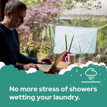Load image into Gallery viewer, PeggyRain is a clothesline with Instant Rain Protection. Peggy Rain is a self-starting washing line, with innovative technology that automatically releases an integral protective layer on a rainy day. With a biodegradable cotton sensor releases a signal if it detects so much as a drop of rain. A waterproof cover is than quickly moved over the clothesline, protecting your clothes and keeping them dry. CLothes Horse Clothes Dryer Tumble Dryer. Line Dry Washing