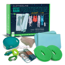 Load image into Gallery viewer, PeggyRain contents. Instant rain protection clothesline. Clothesline with automatic rain cover. Help washing from rain. Save washing from rain. How to dry laundry when it is raining.PeggyRain Clothesline Washing Line Dry your Laundry outside in the Rain or Sunshine.Perfect Present for Mother Mam. As seen on RTE. PeggyRain washing line perfect present for Mammy Daddy Sister Aunty Uncle Mom PeggyRain. Presents on Amazon.com Presents for Mom on Amazon.co.uk . British Weather. Drying washing outside.