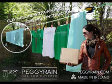 Load and play video in Gallery viewer, Peggy Rain is the Irish solution to ourdoor clothes drying. PeggyRain washingline has an automatic cover that protects your laundry during a shower of rain. Sunny spells and scattered showers. PeggyRain instructions. Avaiable on Amazon.co.uk and amazon.com peggyrain present for mammy mom ma daddy sister aunty for christmas