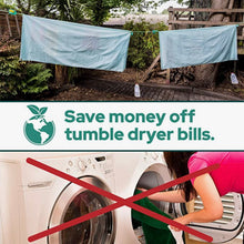 Load image into Gallery viewer, PeggyRain is an example for a greener, more renewable future. PeggyRain the stress free answer to drying laundry in Ireland the UK, USA & Canada sustainably outside. Save money off tumble dryer bills this winter by switching to Peggyrain. reduse energy bills save money dry washing in spring summer autumn fall winter. sustainable