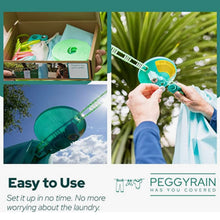 Load image into Gallery viewer, Peggyrain senses when it starts to rain. Eliminating the hassle and worry of drying washing outside. If a shower of Rain comes along PeggyRain has a clothesline canopy that is deployed to protect your washing. Dry clothes outside in winter spring summer. Save Money
